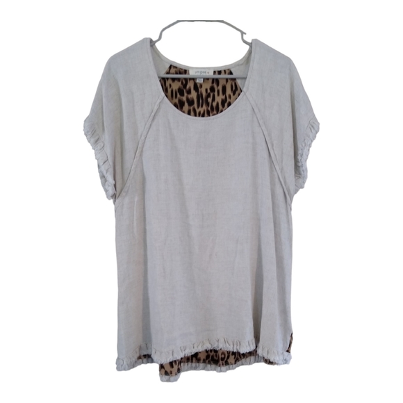 Umgee Tops - Umgee Fringe Sleeve and Bottom Animal Print Boho Linen Cotton Blend Top Size 2XL